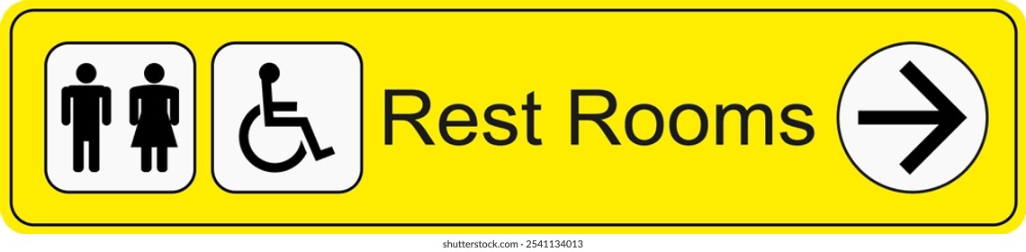 Yellow and black vector graphic of airport information terminal sign showing the direction of the ladies, gents and handicapped rest rooms