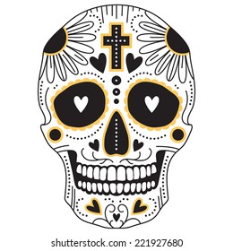 Yellow and black vector isolated Mexican trditional sugar skull, illustration for day of the  dead