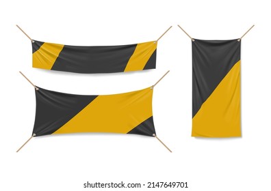 Yellow And Black Vinyl Banners Hanging With Ropes. Vector Realistic Mockup Of 3d Blank Fabric Advertising Streamers. Set Of Empty Textile Placards, Canvas Posters Isolated On White Background