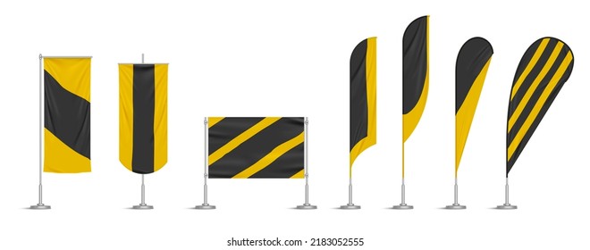 Yellow And Black Vinyl Flags And Banners On Pole. Vector Realistic Template Of Fabric Promotion Posters, Advertising Striped Canvas Pennants Hanging On Metal Frame And Stand