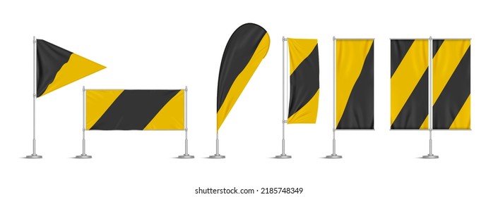 Yellow And Black Vinyl Flags And Banners On Pole. Vector Realistic Template Of Fabric Promotion Posters, Advertising Striped Canvas Pennants Hanging On Metal Frame And Stand