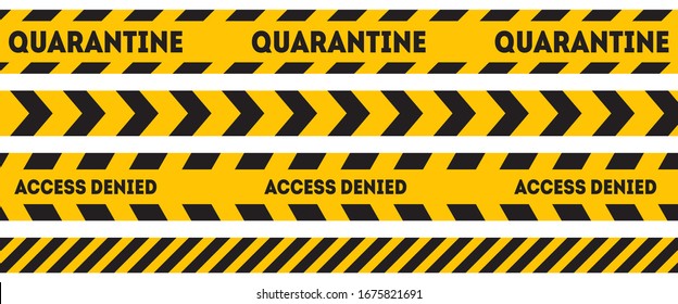 Yellow and black warning line. Caution and danger tapes. Quarantine. Access denied