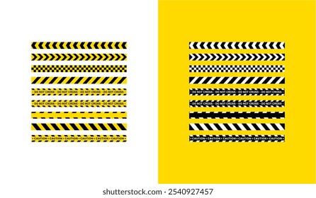 Yellow and black warning stripes sets vector logo design. Caution tape, Repeating construction, hazard, danger sellotapes. Restriction and prohibition zones adhesive