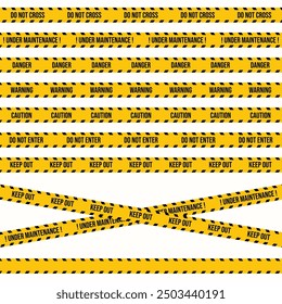 Diseño de cinta de advertencia amarilla y negra con diferentes textos de restricción. Vector de señas y cintas de restricción de la construcción o la policía en el lugar del delito. Precaución perfecta, bajo mantenimiento, no introduzca cinta.