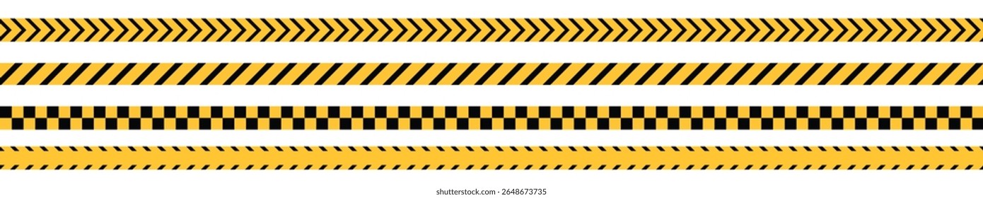 Yellow and black warning tape for safety in hazardous areas, roads, construction zones. Vector illustration with transparent background.