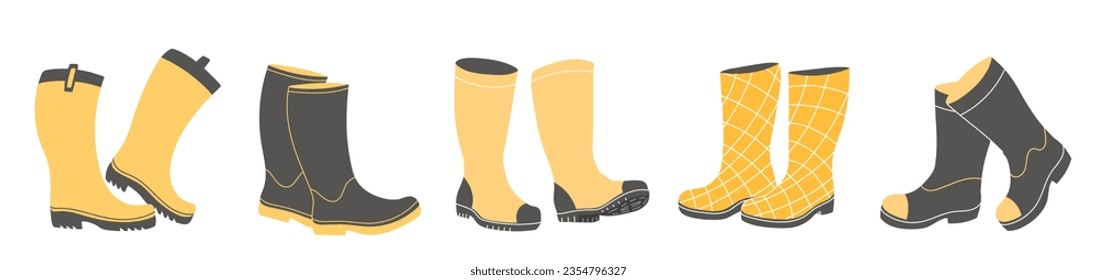 Yellow and black wellies collection. Rubber boots autumn concept. Set of gumboots on a white background. Autumn footwear. Vector