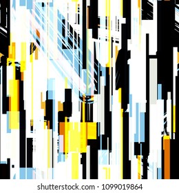 Yellow, black, white, blue offset rectangles and strokes. No gradient. Bright seamless texture. Abstract vector background for web page, banners backdrop, fabric, home decor, wrapping