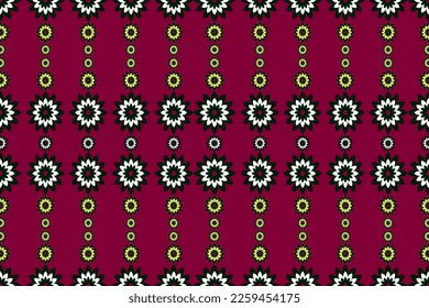 Yellow, black and white flowers from geometric shapes. on a red background Make a book cover, handkerchief, shirt pattern, skirt, bag, pillow case, bed sheet