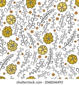 Yellow, black and white, hand drawn floral seamless vector pattern. Doodle style leaf and flower illustrations. Light, fun, cute, happy, summer and spring print. Repeat background, surface pattern art
