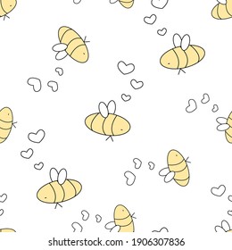 Yellow black white isolated bees are in love, hearts are near their heads are arranged in no particular order. Seamless repeat pattern on white background