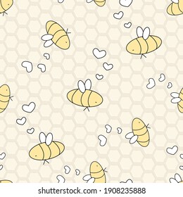 Yellow black white isolated insects.  Bees are in love, hearts are near their heads are arranged in no particular order. Seamless repeat pattern on brown Honeycomb for bees background