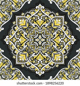 Yellow, Black And White Luxury Mandala Ornament Seamless Pattern. Traditional Turkish, Indian Motifs. Great For Fabric And Textile, Wallpaper, Packaging Or Any Desired Idea.