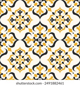 Yellow, black and white luxury vector seamless pattern. Ornament, Traditional, Ethnic, Arabic, Turkish, Indian motifs. Great for fabric and textile, wallpaper, packaging design or any desired idea.