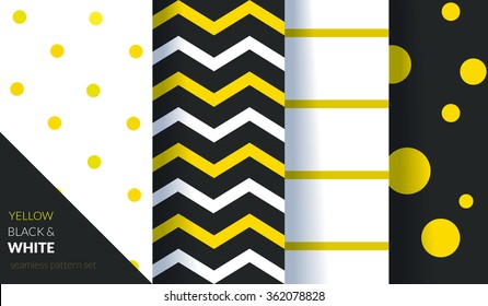 Yellow, black and white pattern set. Four different patterns with stripes and dots.
