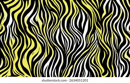 Yellow, black and white zebra pattern background texture. A yellow and white striped background with yellow and white stripes. Zebra seamless pattern. Zebra stripes in doodle style. Flat design.