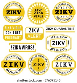 Yellow, black and white Zika Virus stamps. Vector illustration for warning message. Information sign with ZIKV.  Do not Get Pregnant.