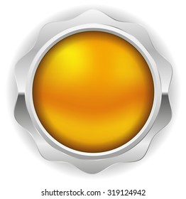 Yellow blank badge with silver border on white background