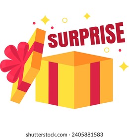 Yellow blank gift box with surprise text in flat design for using as banner, poster for advertising
