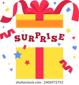 Yellow blank gift box with surprise text in flat design for using as banner, poster for advertising