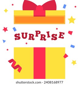 Yellow blank gift box with surprise text in flat design for using as banner, poster for advertising