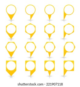 Yellow blank map pin sign location icon with circular copy space and gray shadow, reflection on white background  in simple flat style. Web design element save in vector illustration 8 eps