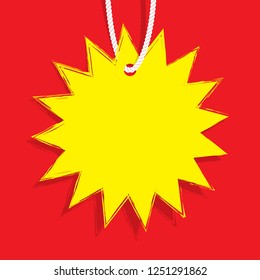 Yellow blank price tag sun shape website banner heading design on red background vector for promotion banner or poster. Sale and Discounts Concept.