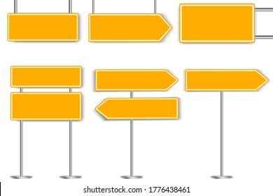 Yellow blank road signs. Vector street notifications. Flat road safety sign on the highway.