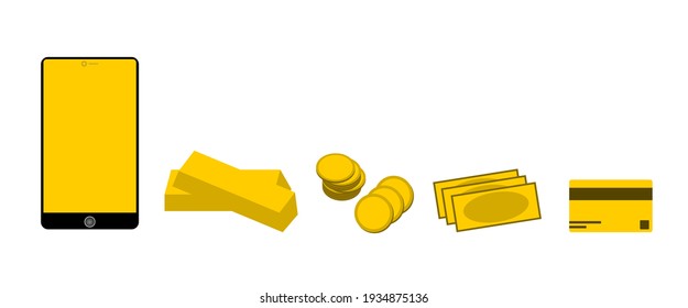 Yellow blank screen smart phone with gold bar, coins, bank, and credit cart in gold color on white background. Finance and money concept with free copy space.