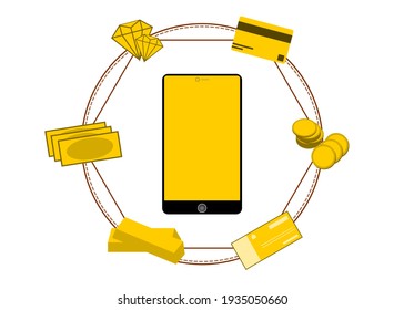 Yellow blank screen smartphone with link of diamond, credit card, coins, cash check, gold bar, and cash bank. Finance and money types concept.