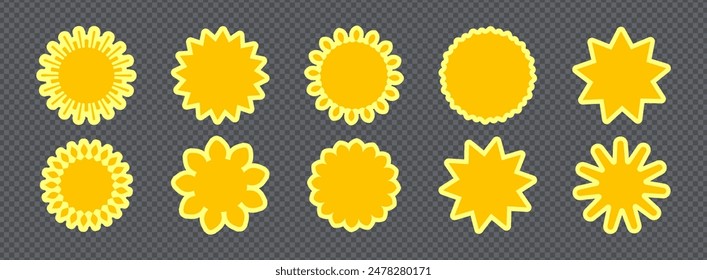 Conjunto de promoción de pegatinas blancas amarillas. Colección de starburst plano, etiqueta de la venta o del Precio, diseño de la marca de calidad, insignia retro de los años 70 u 80 del descuento, elemento promocional del rayo del sol. Ilustración vectorial de la insignia de hipster