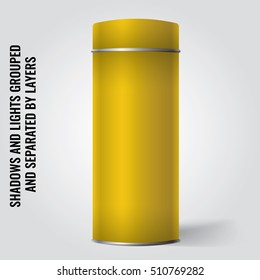 Yellow Blank Tin can packaging mockup. Tea, coffee, dry products, gift box. Place your design over the box.