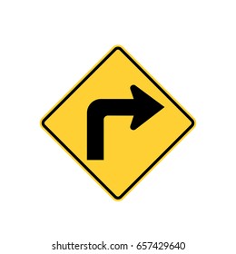 Yellow blind corner turning warning sign on a biking trail isolated on white