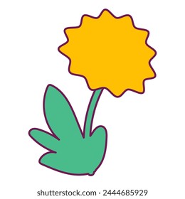 Yellow blooming dandelion flower. Bright illustration for design of festive spring banner. Flat vector element in thin stroke isolated on white background