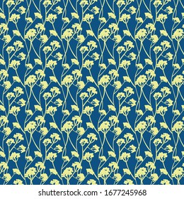 Yellow blooming plants on a classsic blue background seamless vector pattern. Summer meadow surface print design. Great for nature themed fabrics, stationery, scrapbook paper and packaging.