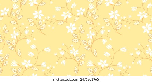 Yellow blooming seamless pattern with tiny wild floral stems. Abstract artistic shapes branches with ditsy flowers, buds, small leaves printing. Vector hand drawing. Ornament for design, fabric