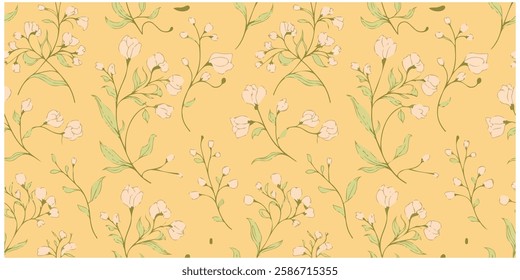 Yellow Blooming Seamless Pattern with Tiny Wild Flowers and Stems