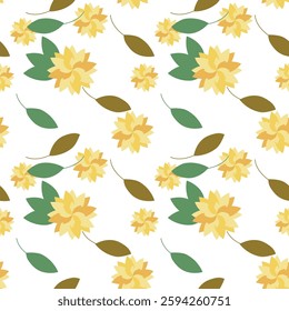 Yellow blossom and leaves pattern for fabric and background, seamless pattern.