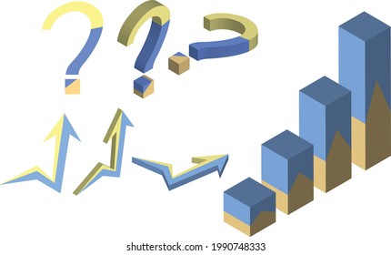 yellow blue 3d icons step graph growth arrows and question marks on white background