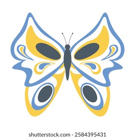 Yellow and blue abstract butterfly. Colorful butterfly with pattern on wings. Exotic flying insect. Elegant moth icon. Flat vector illustration isolated on white background.