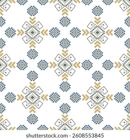 Yellow and blue abstract flower geometric vector seamless pattern. Tribal pattern, Navajo style, Native American style. Traditional ornament. Ideas for rugs, tiles, pottery, and wallpaper.