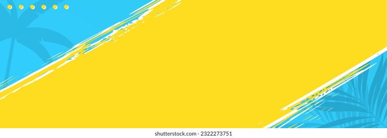 yellow and blue abstract grunge banner design with illustration of palm leaf and coconut tree. banner design for summer activities and promotions