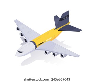 Avión amarillo y azul sobre fondo blanco, concepto de viaje y transporte. Ilustración vectorial moderna isométrica 3d aislada sobre fondo blanco