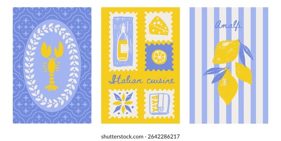 Yellow and blue Amalfi summer posters set. Vector illustration of citrus, cut fruit, Italian tiles pattern, Mediterranean food for invitation, card, packaging, label. Textured pencil drawing