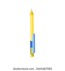 Bolígrafo amarillo y azul con tapa sobre fondo blanco.