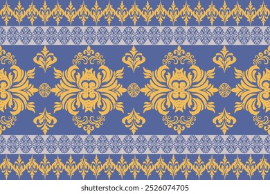 Patrón floral barroco amarillo y azul con motivos simétricos adornados y bordes decorativos: diseño clásico de Antiguas Damask para Fondo de pantalla, tela o arte digital con intrincadas flores  