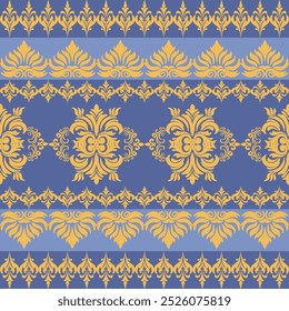 Yellow and Blue Baroque Floral Pattern with Ornate Symmetrical Motifs and Decorative Borders – Classic Vintage Damask Design for Wallpaper, Fabric, or Digital Art Featuring Intricate Floral