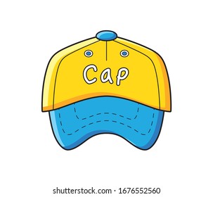 Yellow blue baseball cap isolated cartoon vector front view