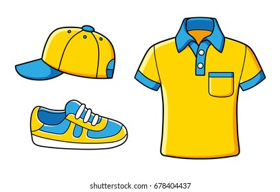 Yellow blue baseball cap, sneaker, polo shirt. Icons isolated.