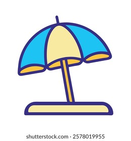 A yellow and blue beach umbrella icon symbolizing vacation in cartoon style