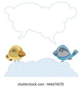 Yellow and blue bird on the cloud. Birds talking. Speech and thought bubble. Vector illustration.